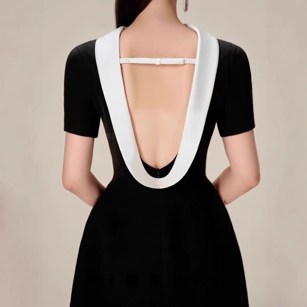 Temperament halter slim T-back puff sleeve Hepburn style dress