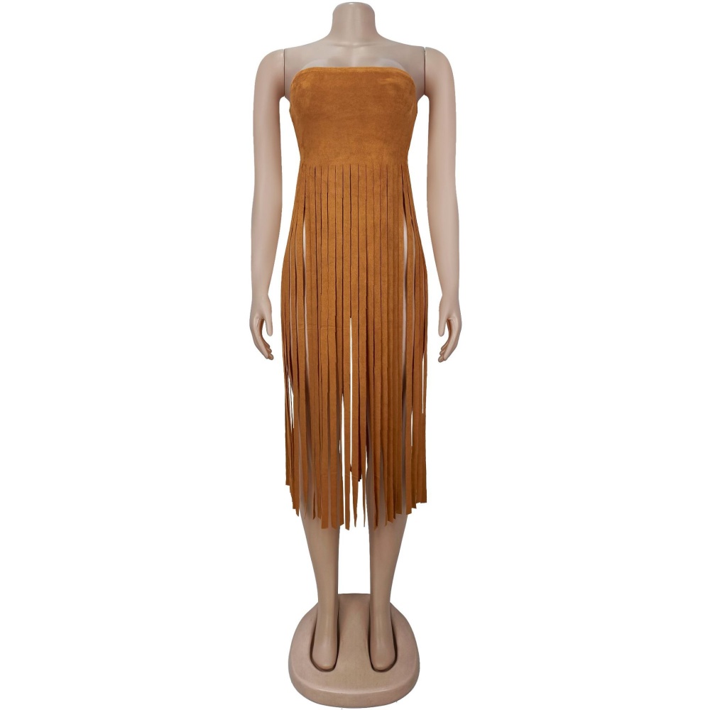 Tassels wrapped chest fashion pure long dress for women