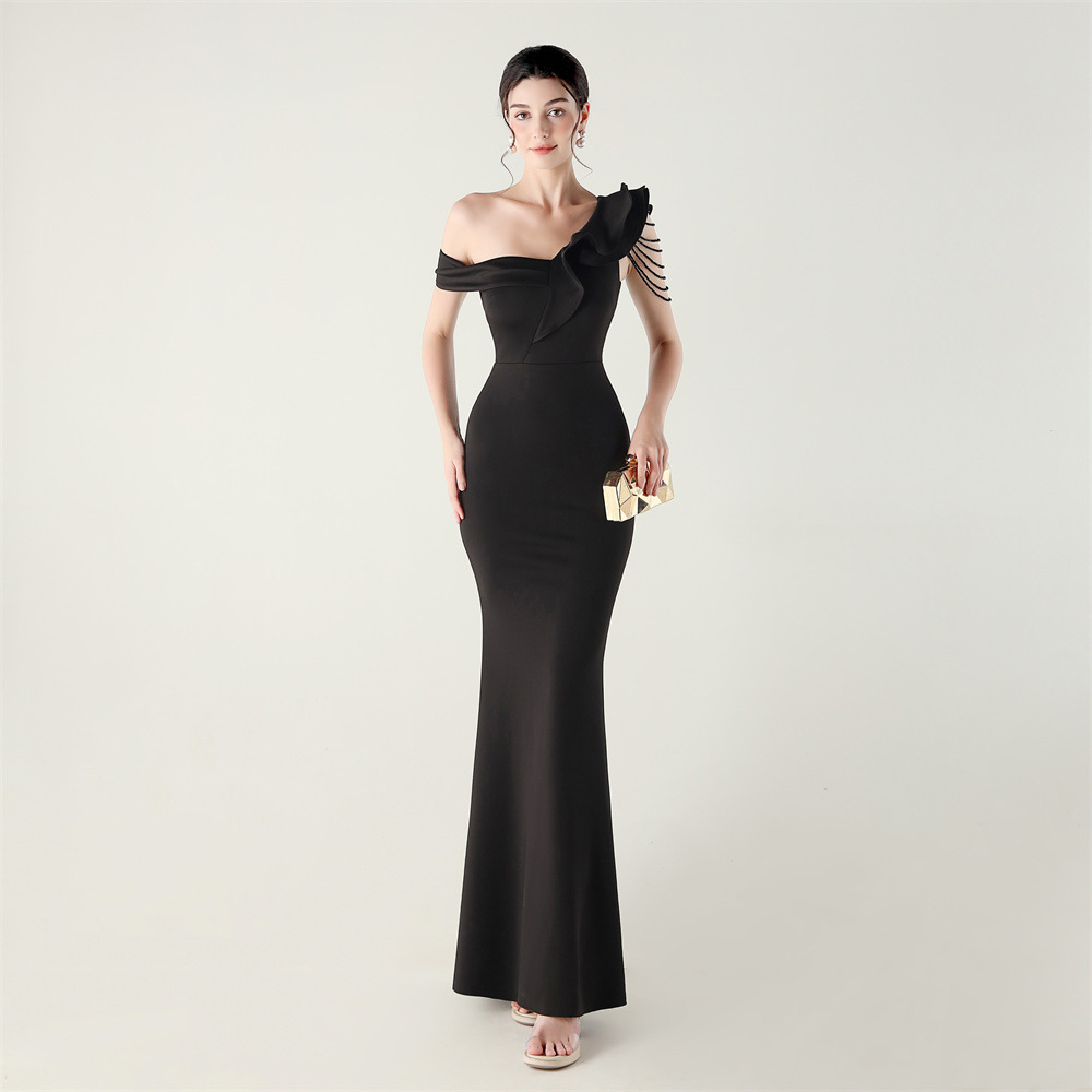 Wedding shoulder evening dress lotus leaf edges banquet dress