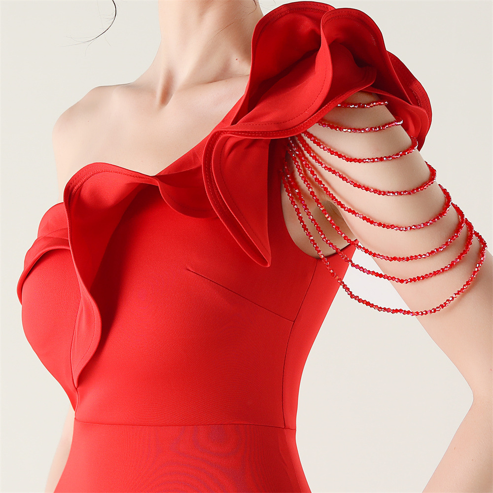 Wedding shoulder evening dress lotus leaf edges banquet dress