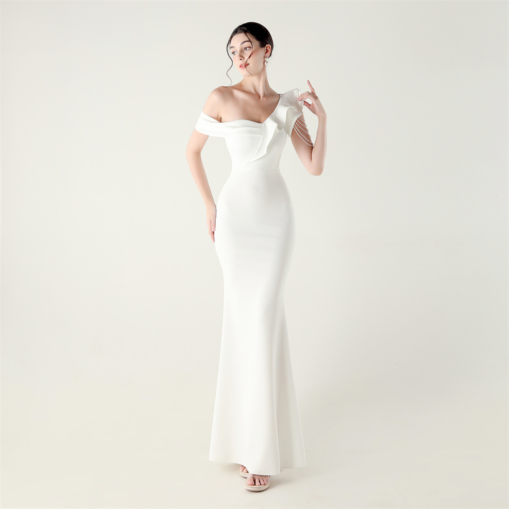 Wedding shoulder evening dress lotus leaf edges banquet dress