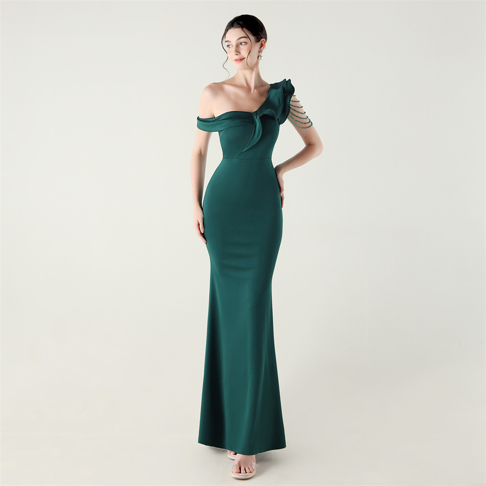 Wedding shoulder evening dress lotus leaf edges banquet dress