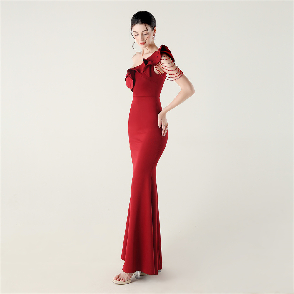 Wedding shoulder evening dress lotus leaf edges banquet dress