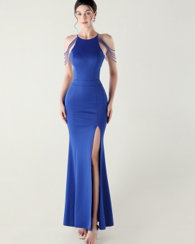 Banquet slim set beads high split evening dress for women