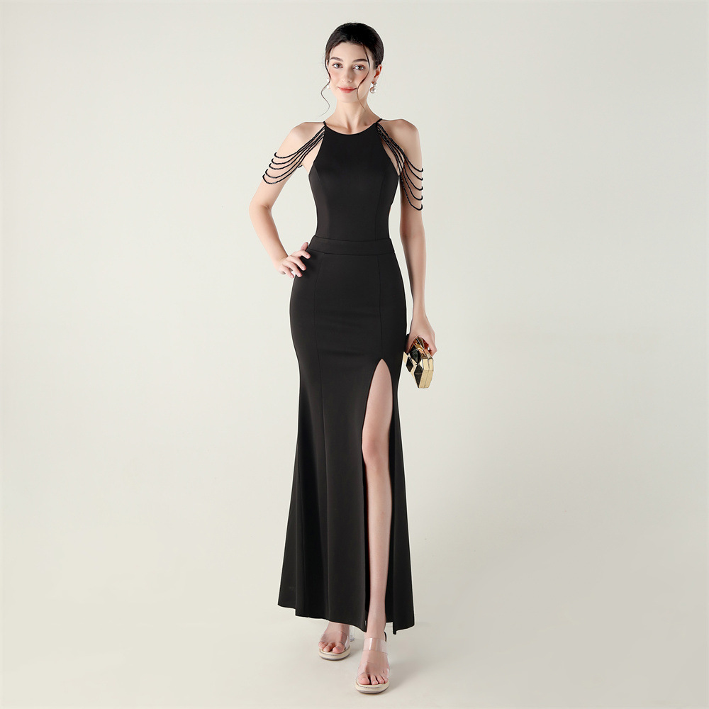 Banquet slim set beads high split evening dress for women