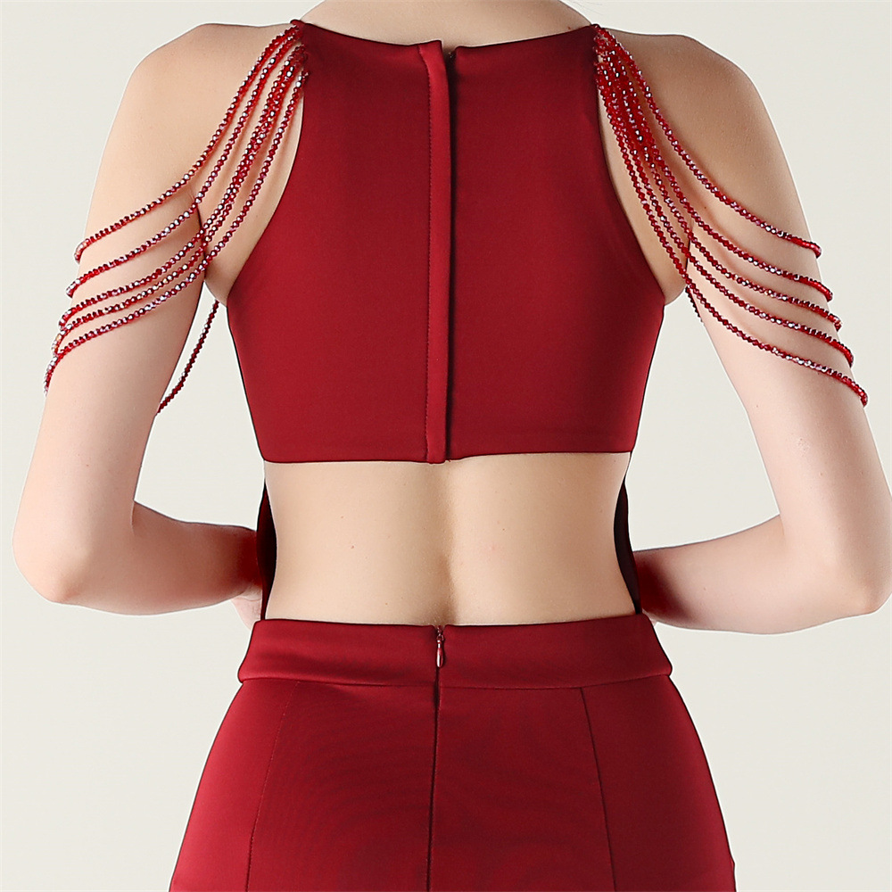 Banquet slim set beads high split evening dress for women