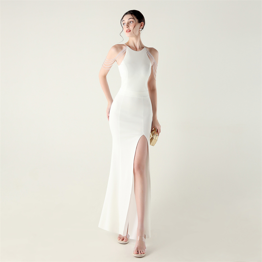 Banquet slim set beads high split evening dress for women