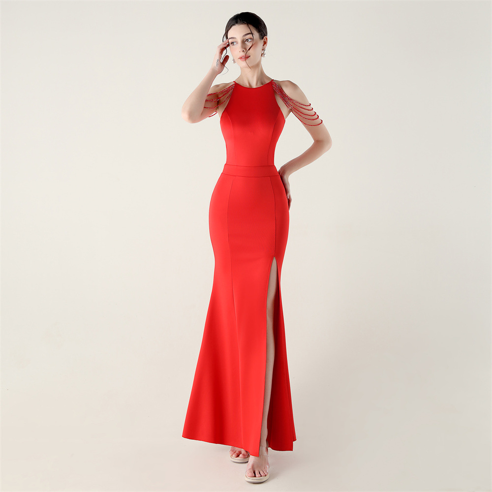 Banquet slim set beads high split evening dress for women