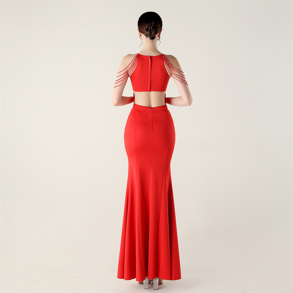 Banquet slim set beads high split evening dress for women