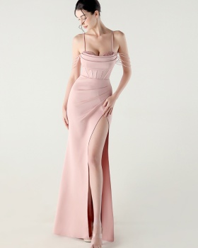 Sling V-neck crimp waist straps banquet evening dress