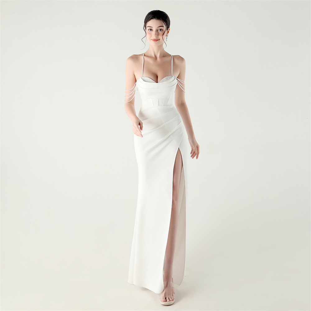Sling V-neck crimp waist straps banquet evening dress