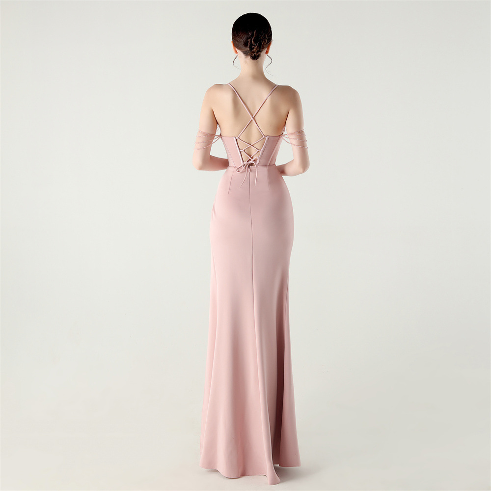 Sling V-neck crimp waist straps banquet evening dress