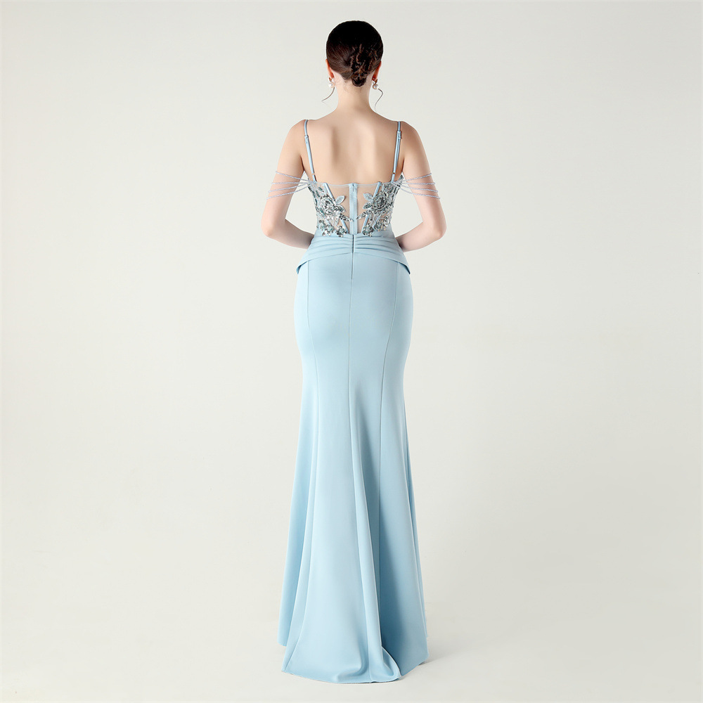 Creased sexy strapless banquet set beads evening dress