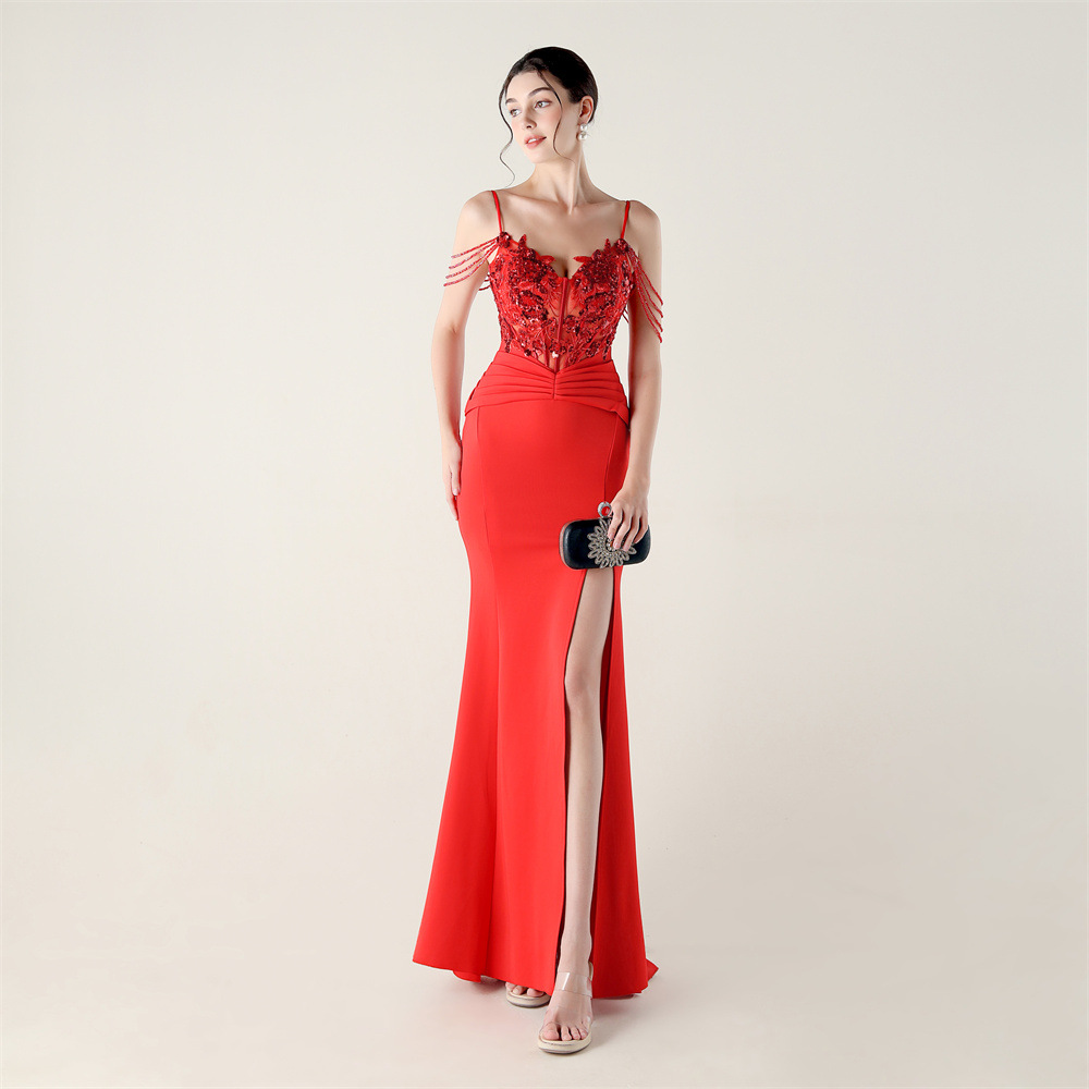 Creased sexy strapless banquet set beads evening dress