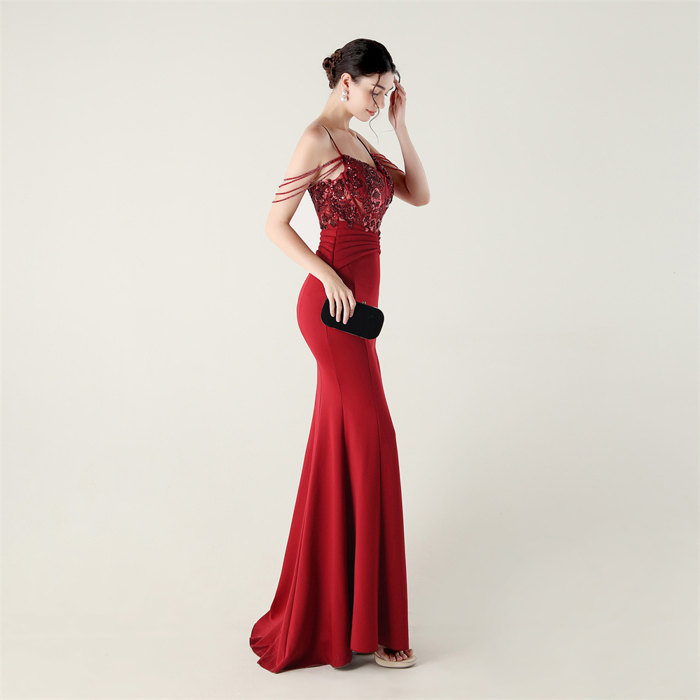 Creased sexy strapless banquet set beads evening dress