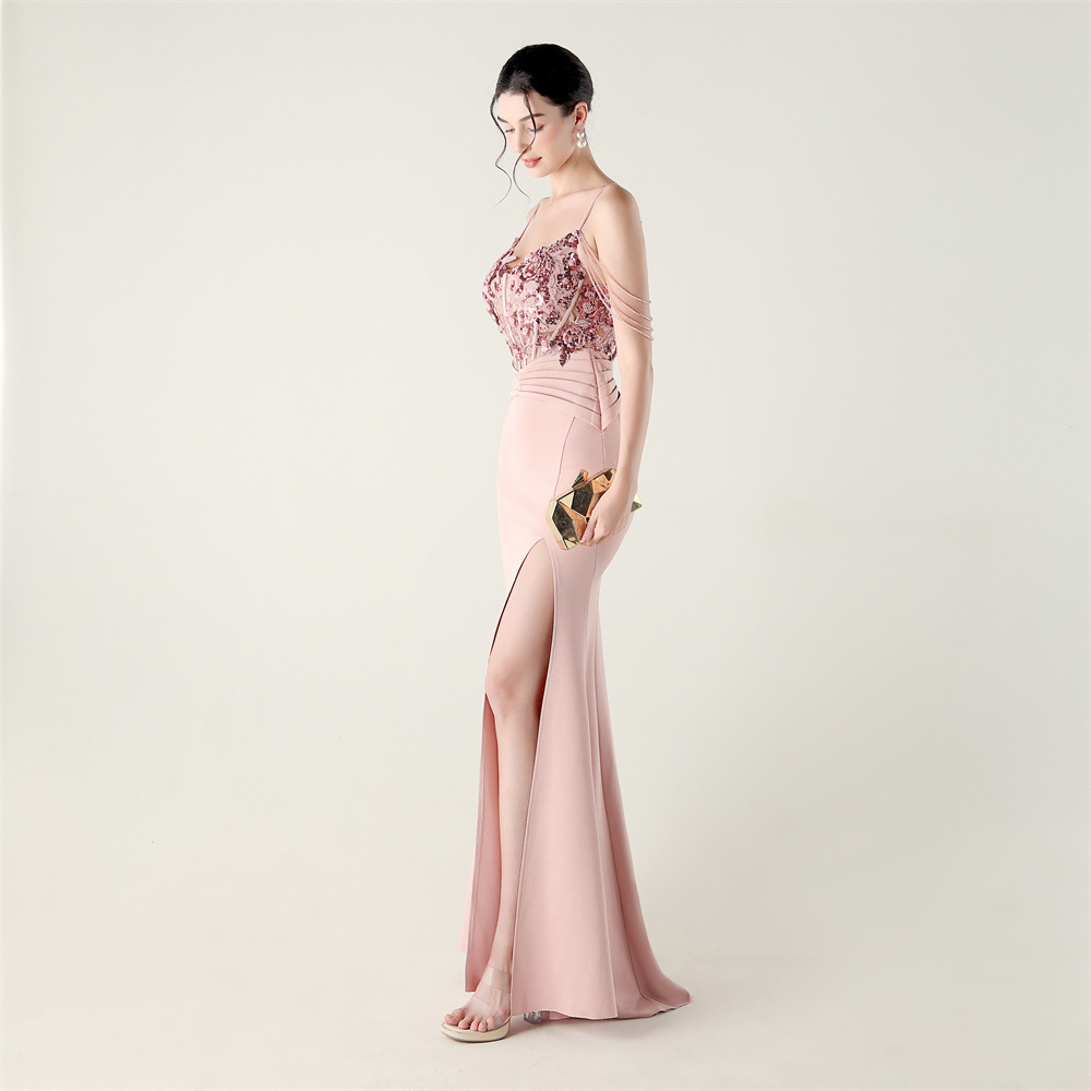Creased sexy strapless banquet set beads evening dress