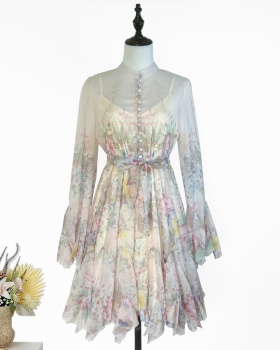 Petal long sleeve dress niche printing T-back for women