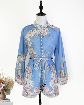 Blue wide leg shorts stitching lace belt 2pcs set