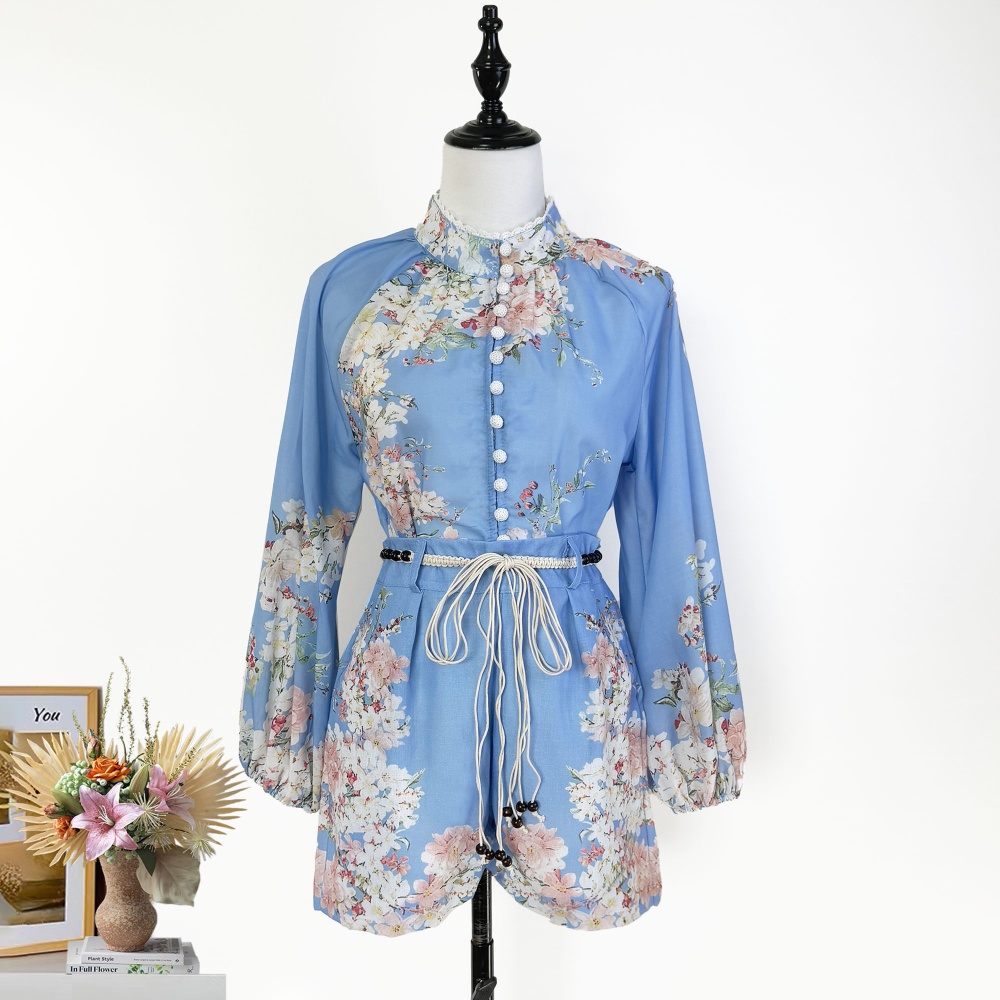 Blue wide leg shorts stitching lace belt 2pcs set
