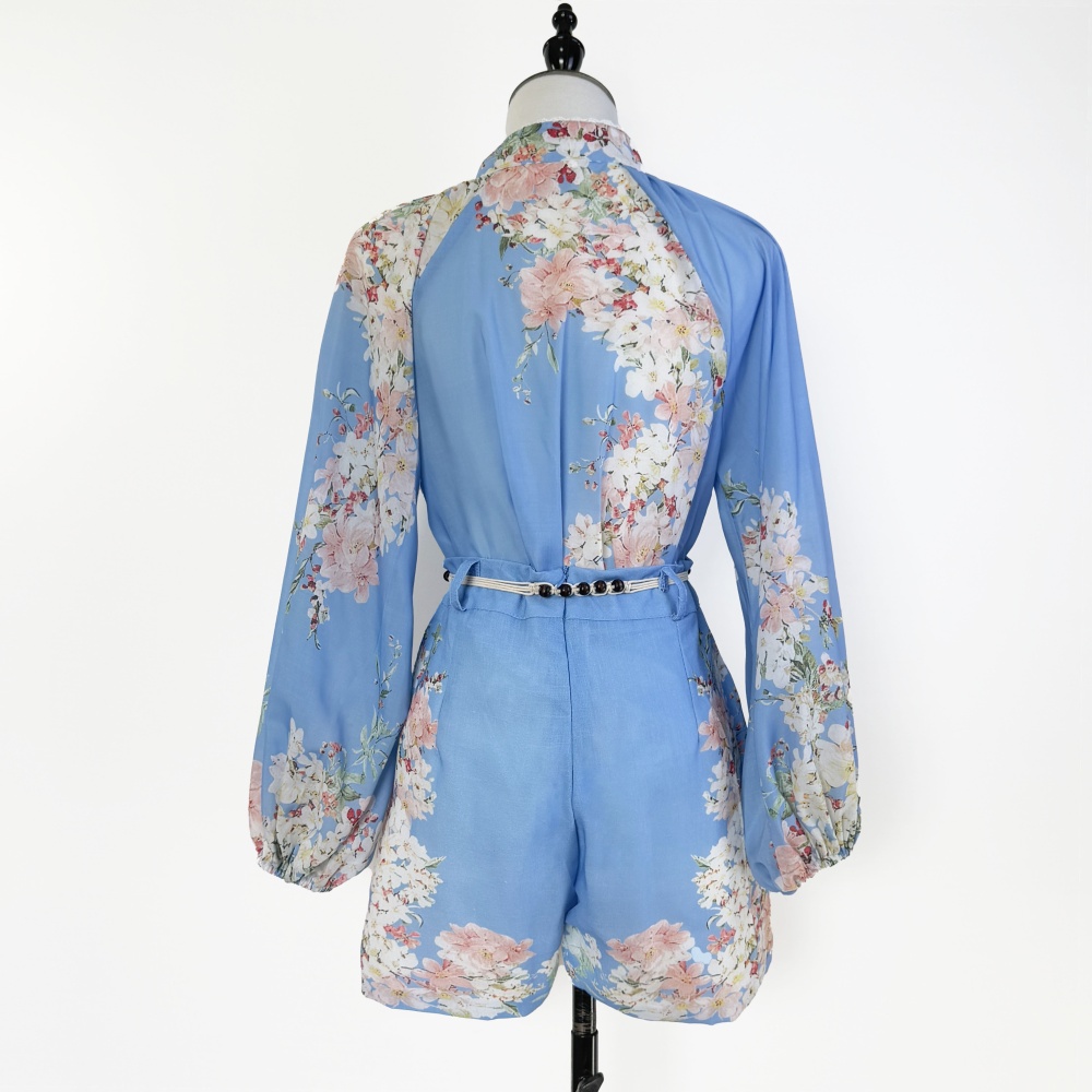 Blue wide leg shorts stitching lace belt 2pcs set