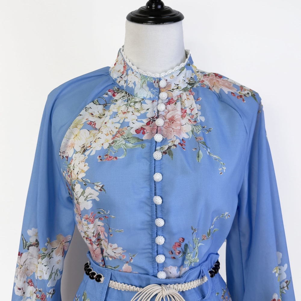 Blue wide leg shorts stitching lace belt 2pcs set