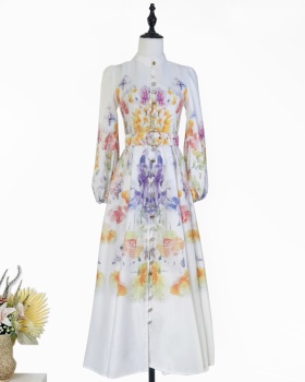 Printing retro autumn colors buckle long stand collar dress