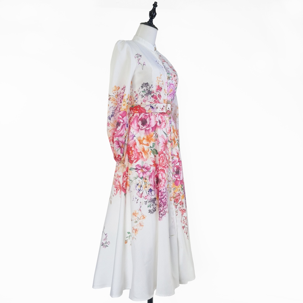 Printing retro autumn colors buckle long stand collar dress
