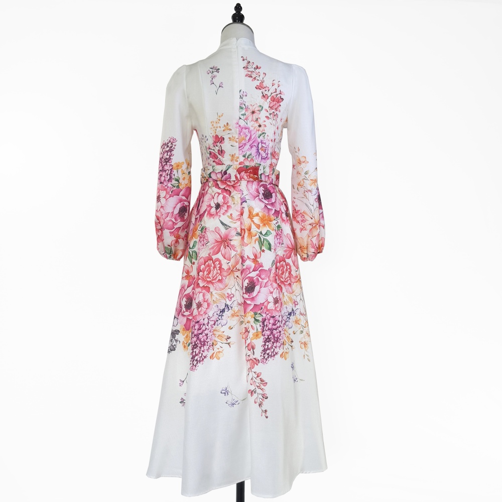 Printing retro autumn colors buckle long stand collar dress