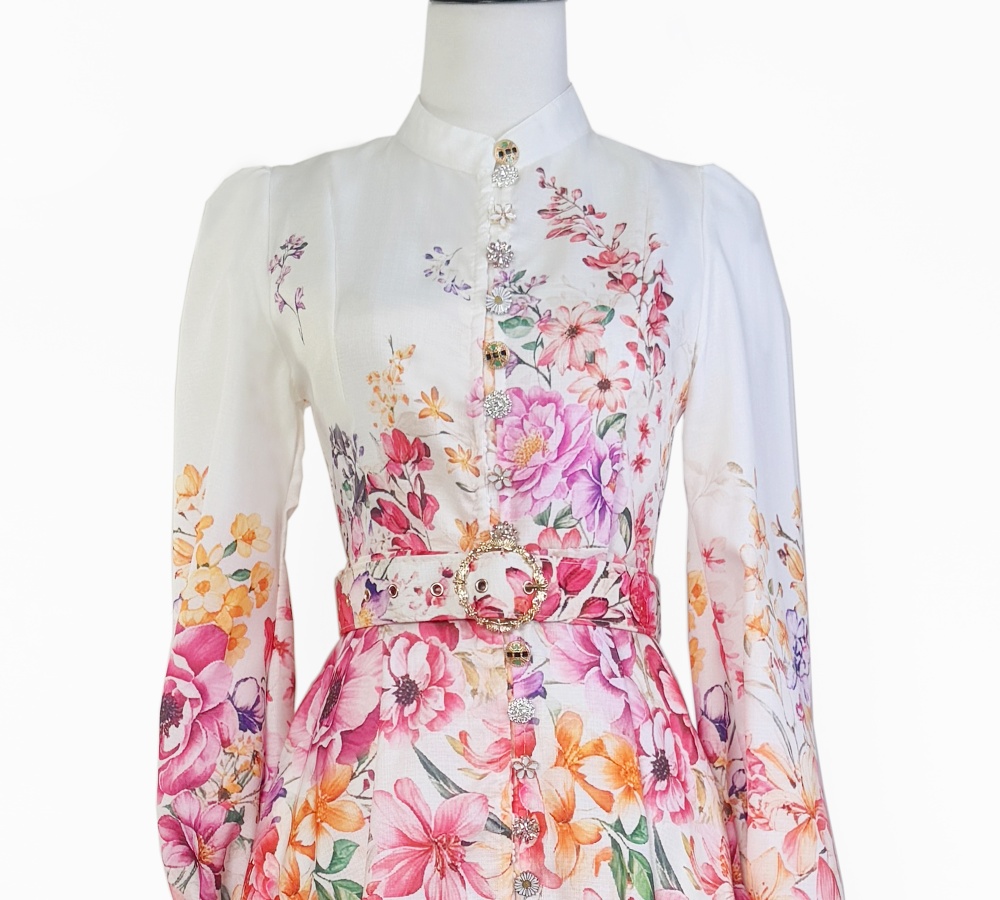 Printing retro autumn colors buckle long stand collar dress