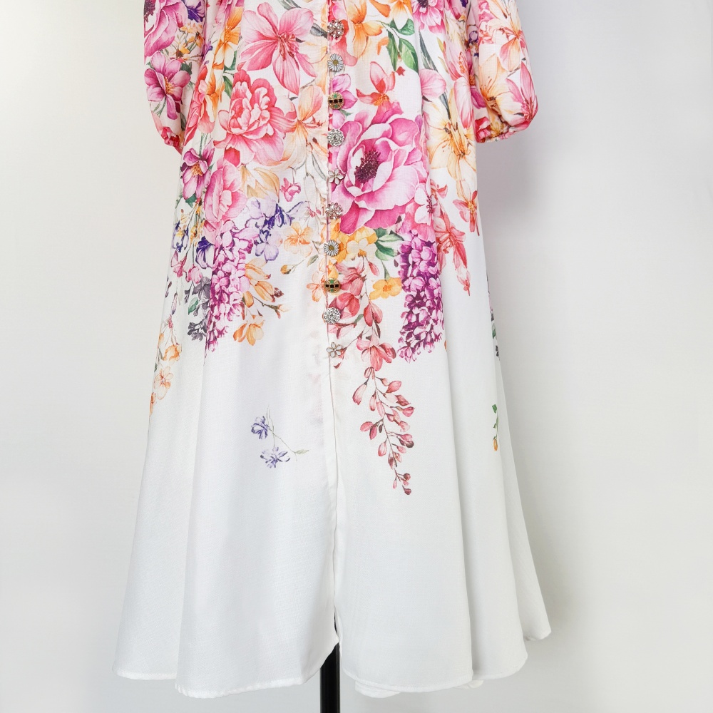 Printing retro autumn colors buckle long stand collar dress