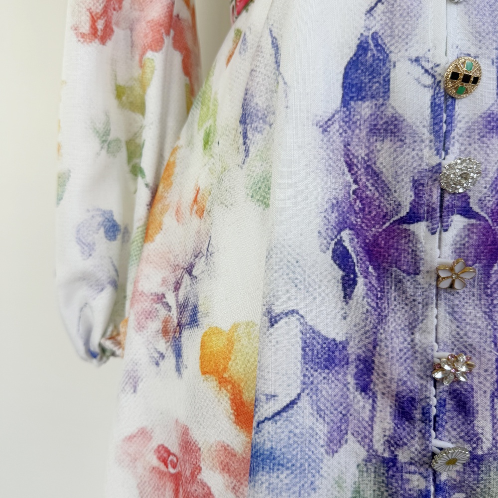 Printing retro autumn colors buckle long stand collar dress