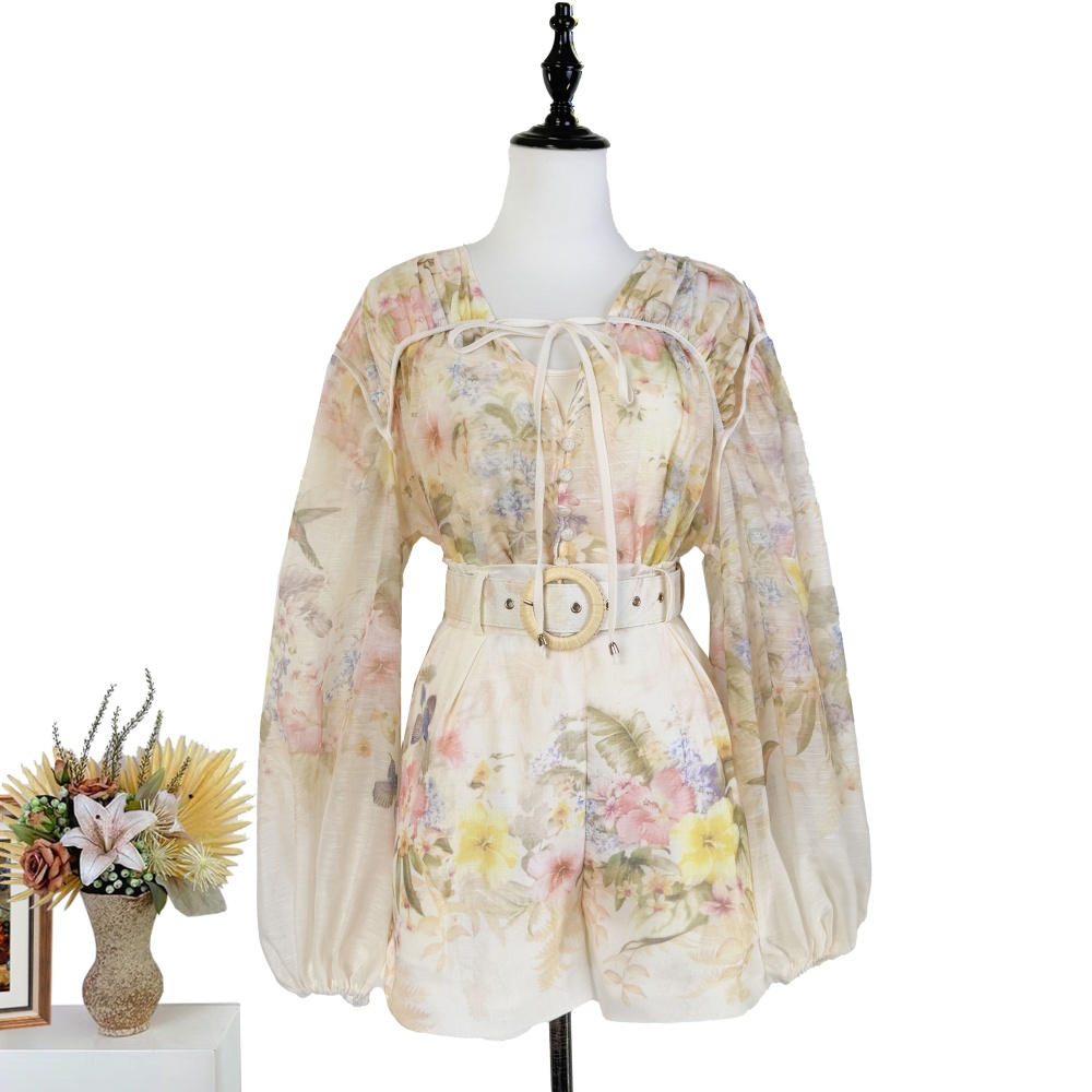 Single-breasted chouzhe shirt with belt wide leg pants a set
