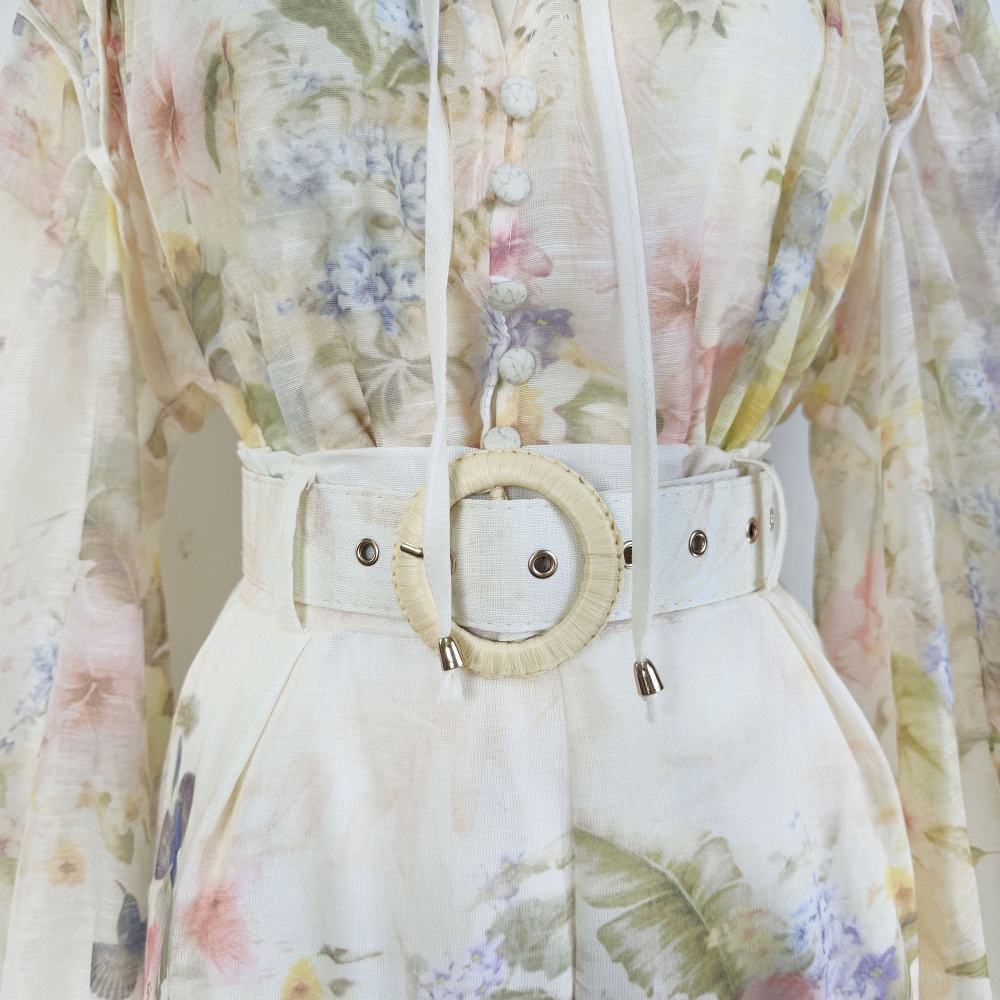 Single-breasted chouzhe shirt with belt wide leg pants a set
