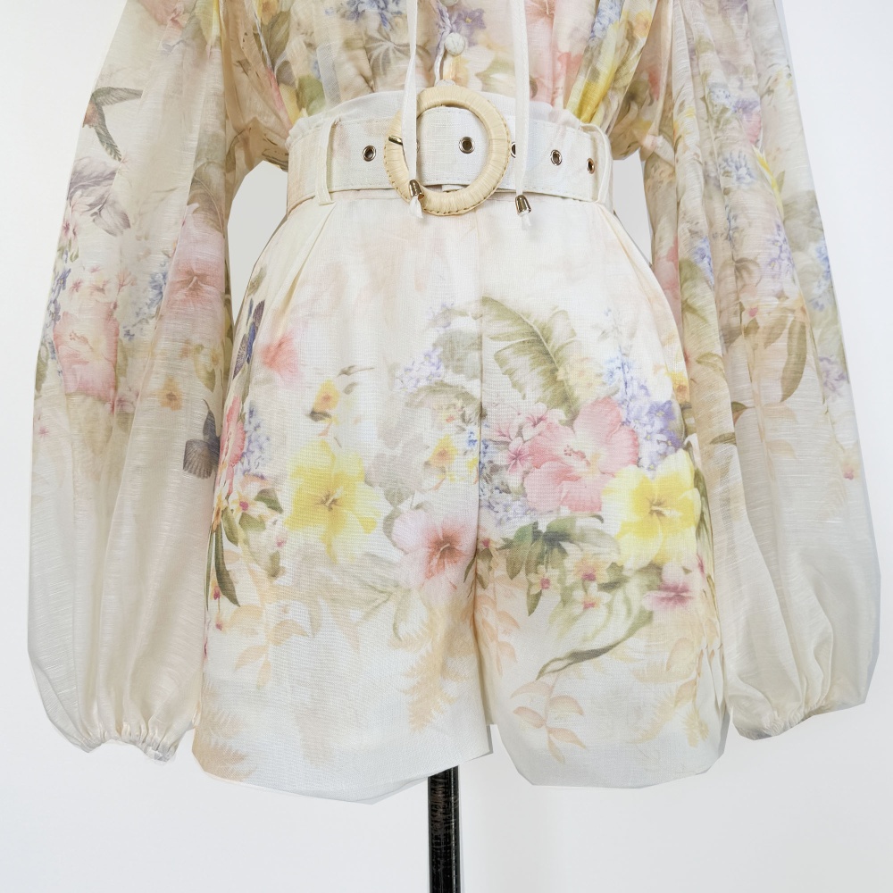 Single-breasted chouzhe shirt with belt wide leg pants a set