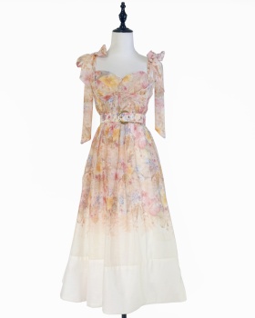 Niche France style pinched waist belt long retro dress