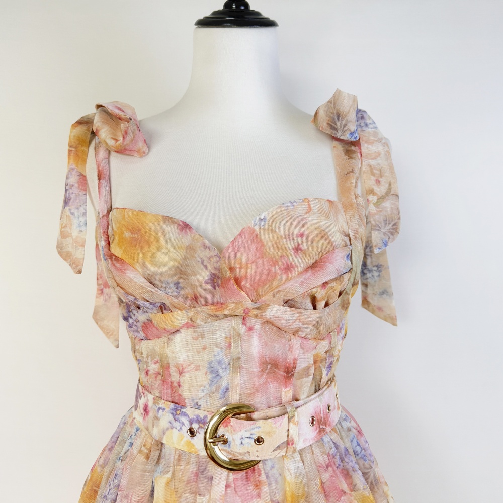 Niche France style pinched waist belt long retro dress