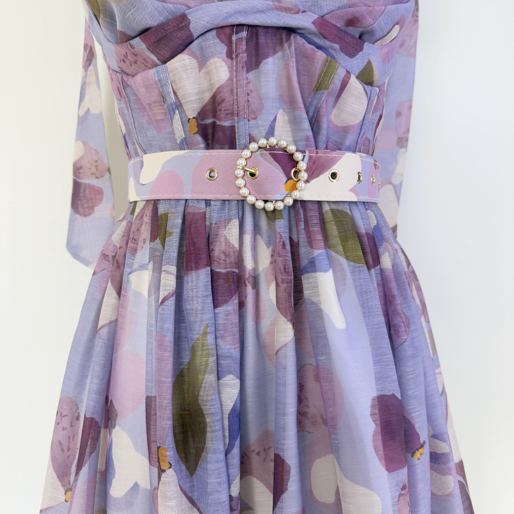 Niche France style pinched waist belt long retro dress