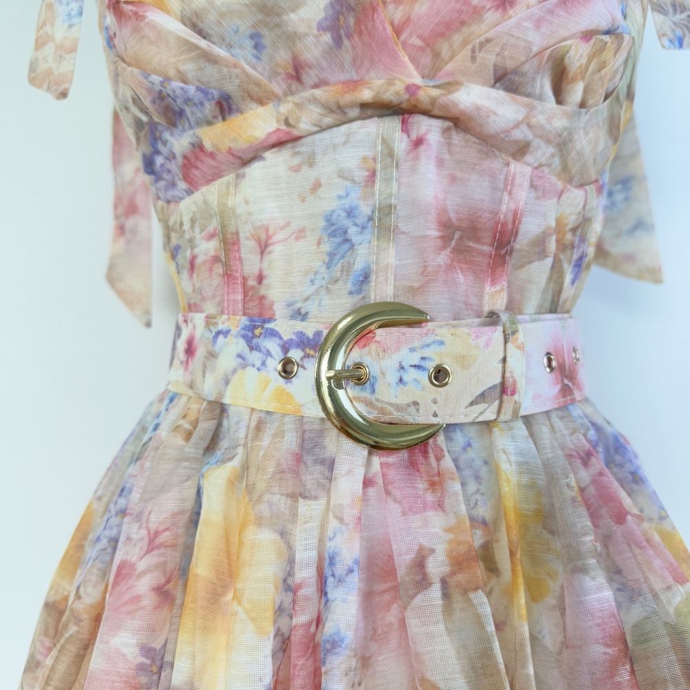 Niche France style pinched waist belt long retro dress