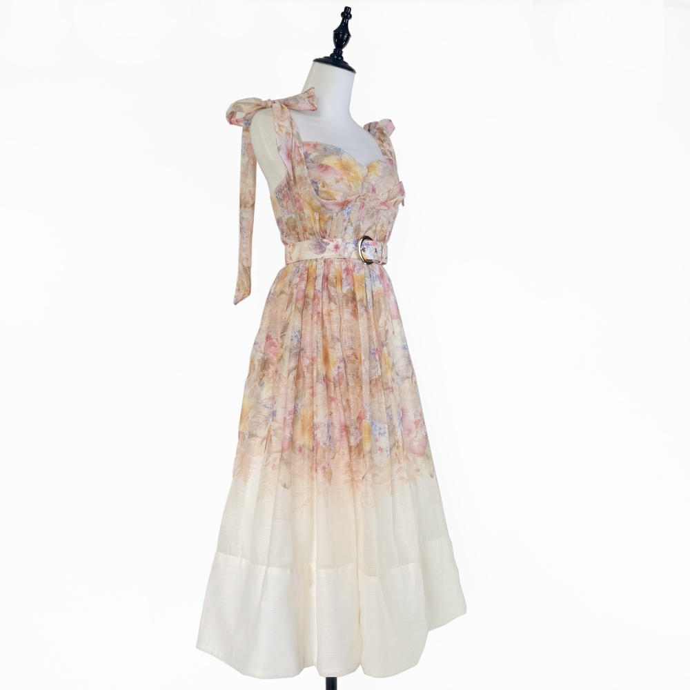 Niche France style pinched waist belt long retro dress