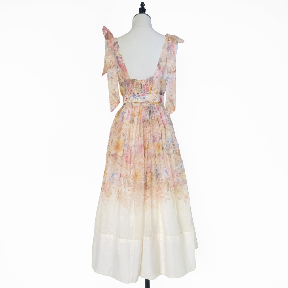 Niche France style pinched waist belt long retro dress