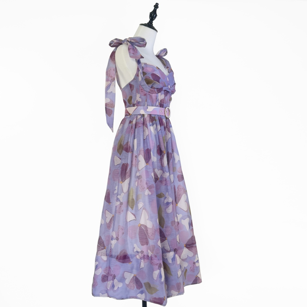 Niche France style pinched waist belt long retro dress