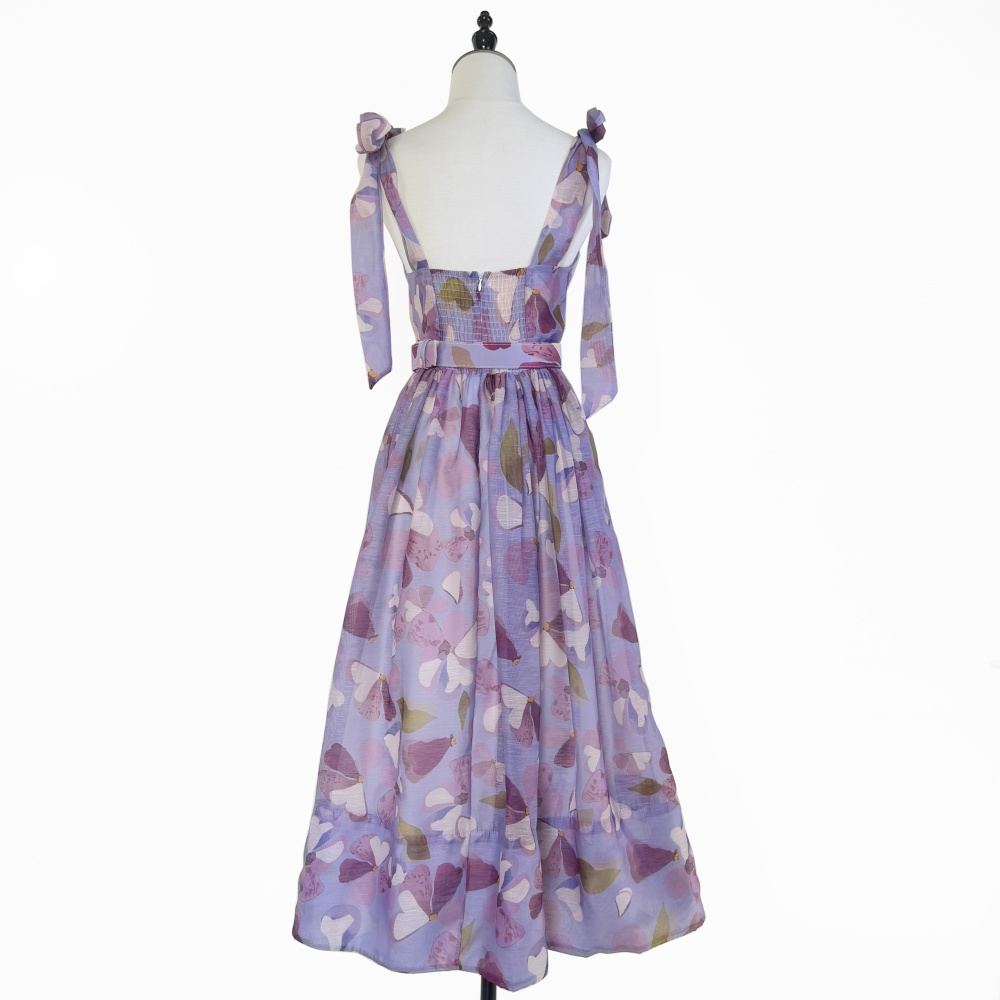 Niche France style pinched waist belt long retro dress