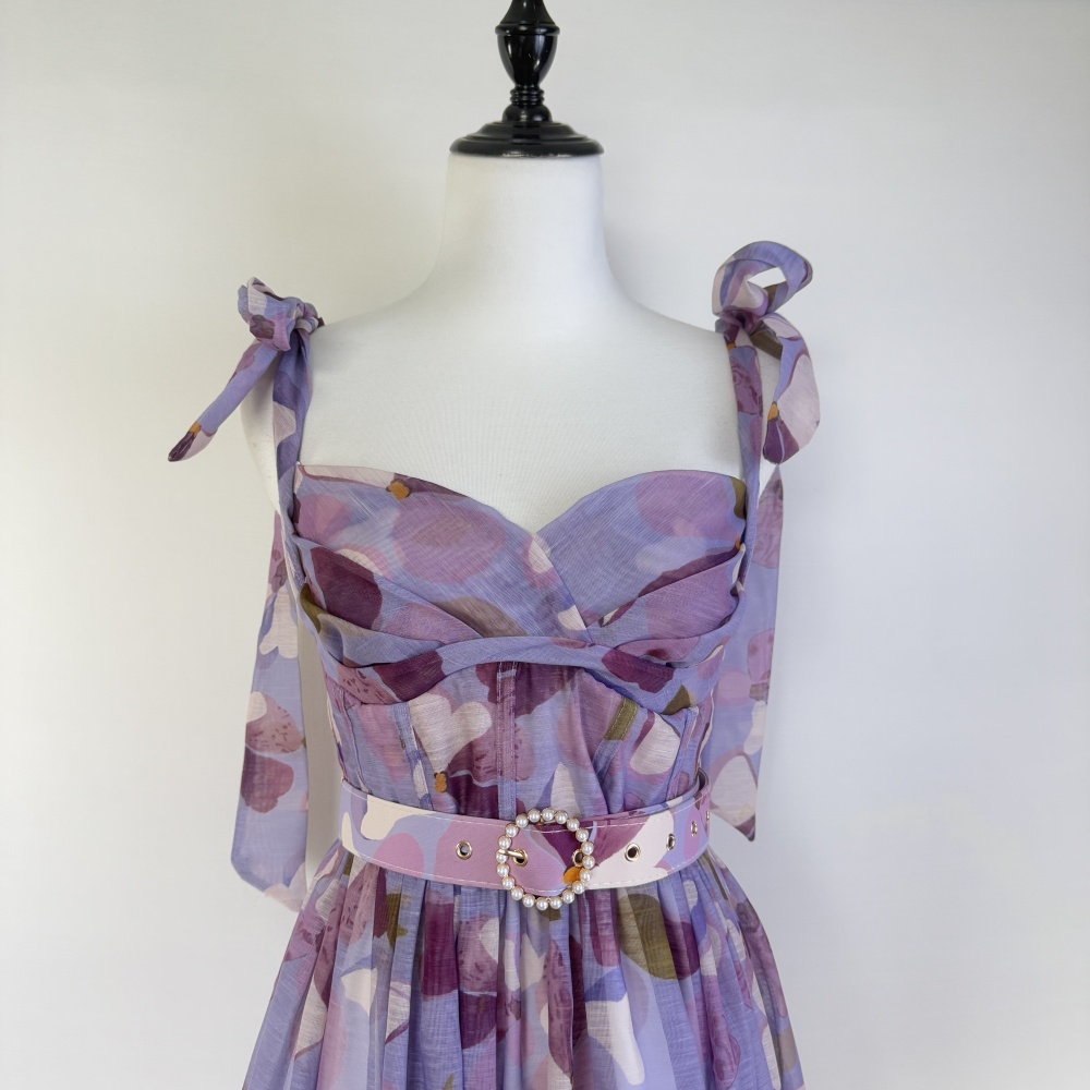 Niche France style pinched waist belt long retro dress