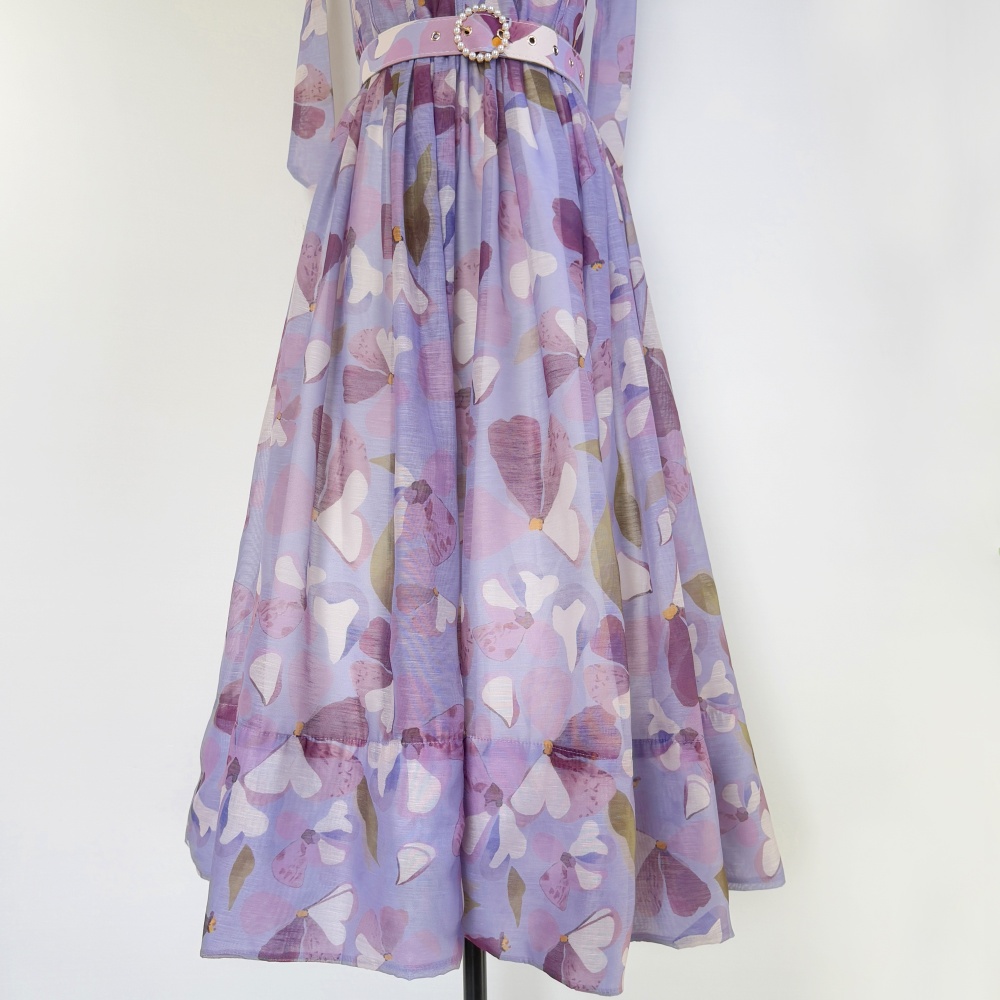 Niche France style pinched waist belt long retro dress