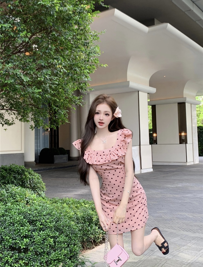 Slim polka dot T-back pinched waist package hip dress