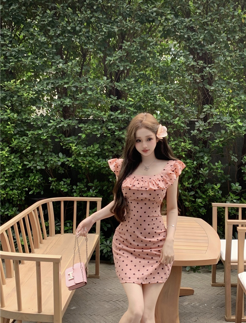 Slim polka dot T-back pinched waist package hip dress