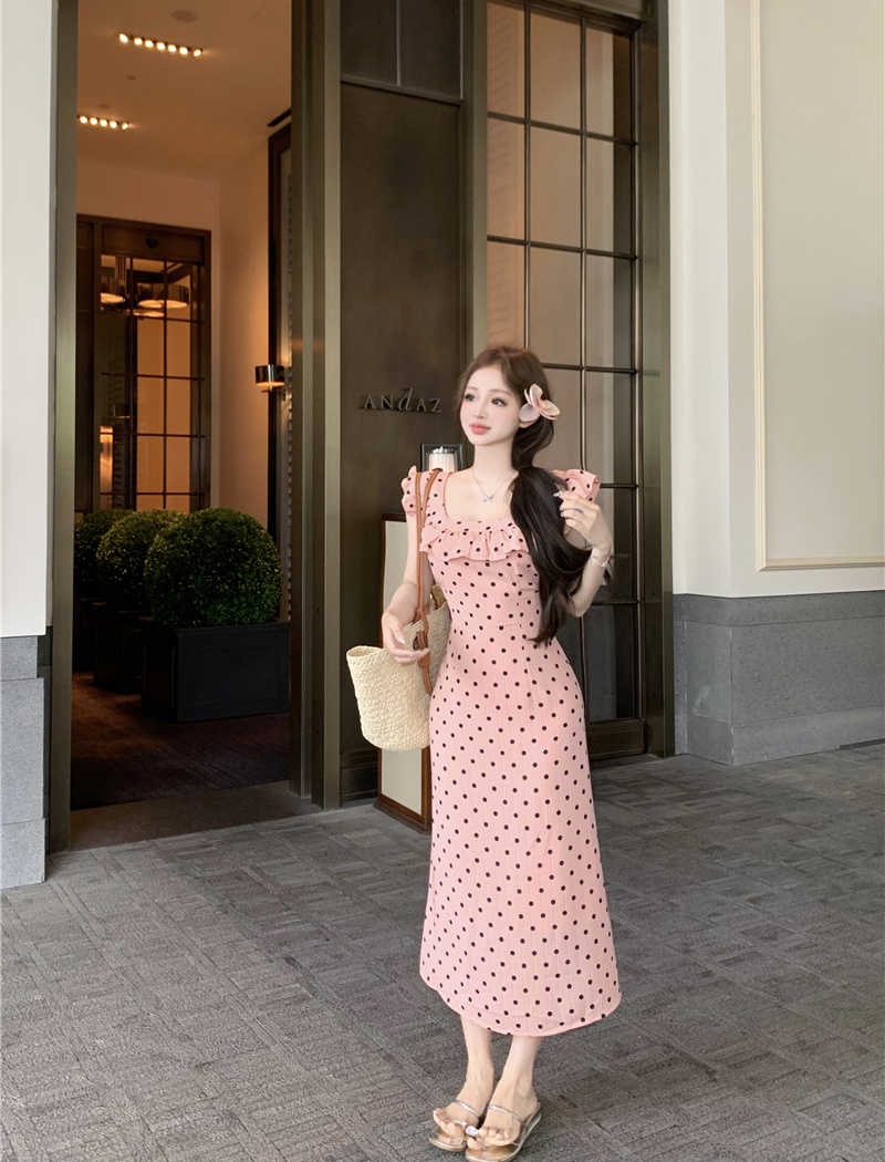 Polka dot package hip dress slim sling long dress