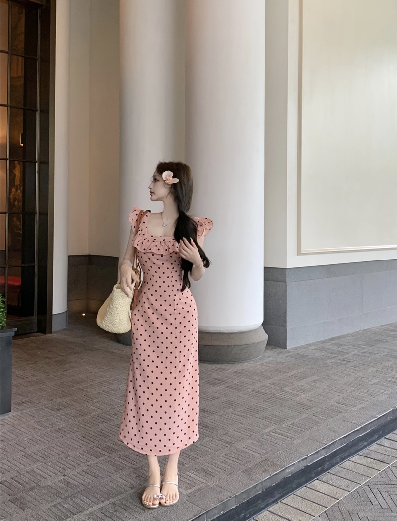 Polka dot package hip dress slim sling long dress