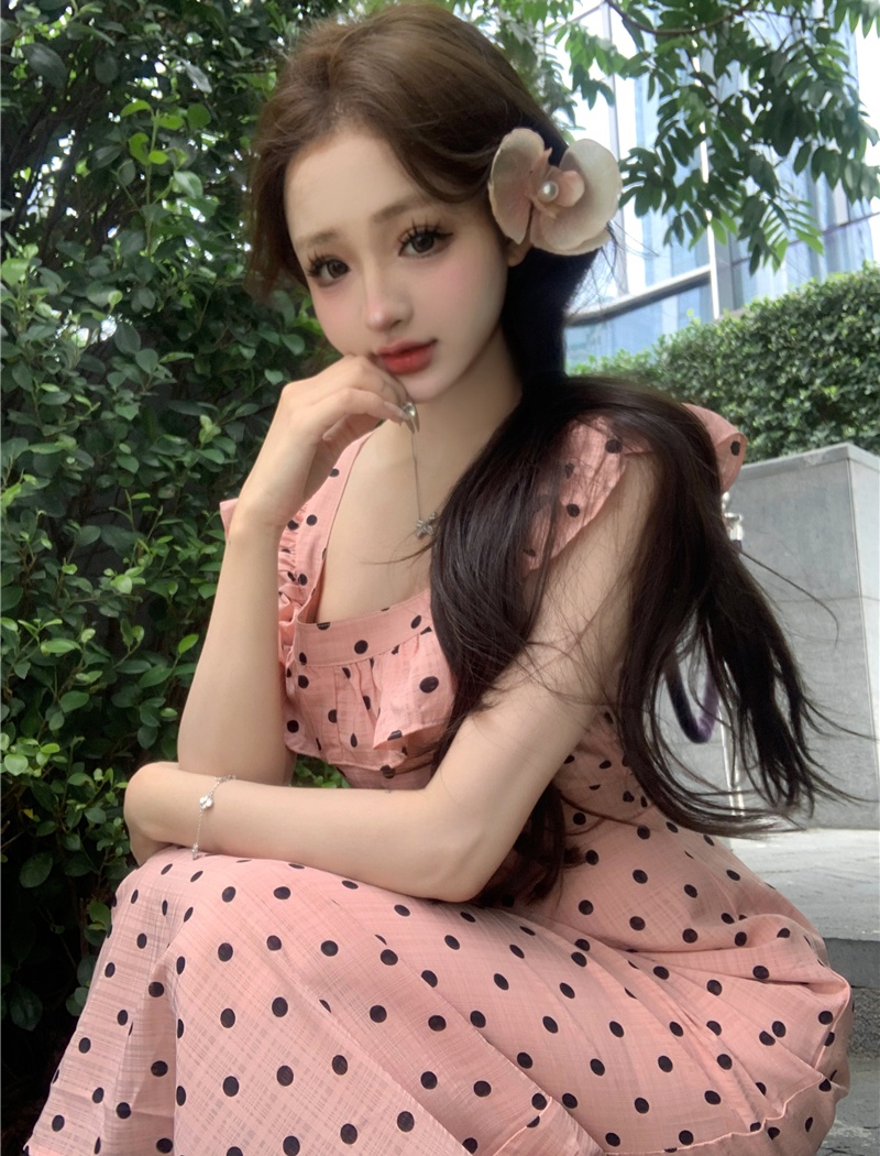Polka dot package hip dress slim sling long dress