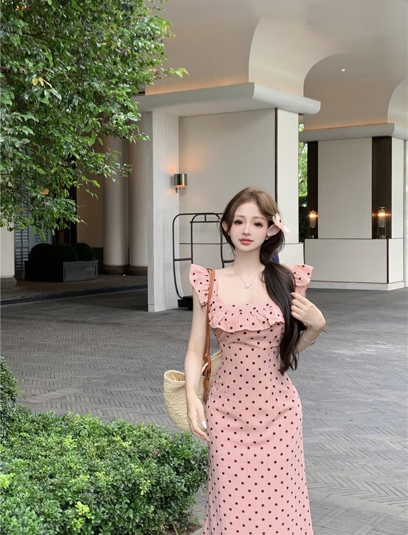 Polka dot package hip dress slim sling long dress